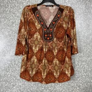 Notations Women's Plus Size Earth Tones Embroidered Boho Top - Size 1X - Peasant